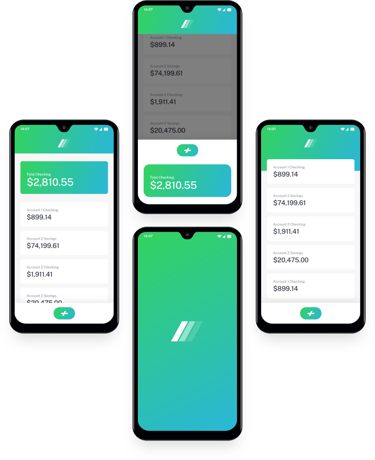 4 phones showing the mobile app